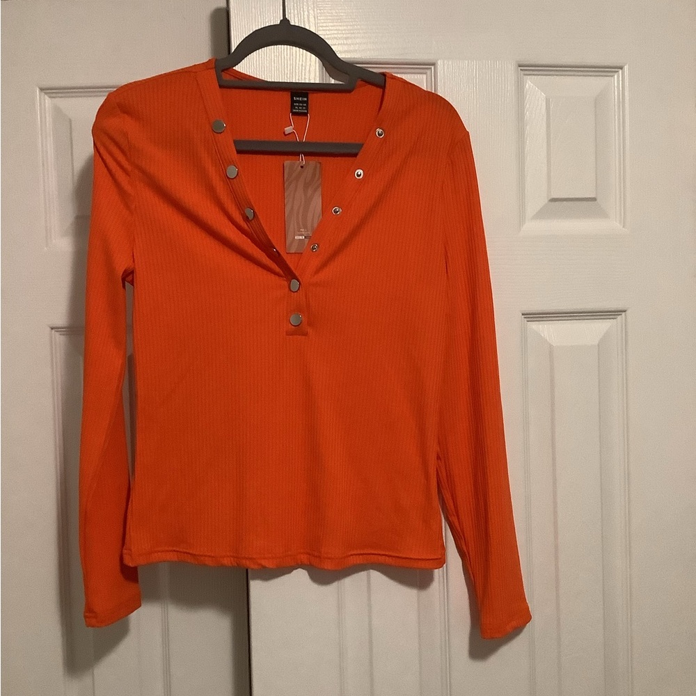 SHEIN Orange Button Down Polo Collar Shirt